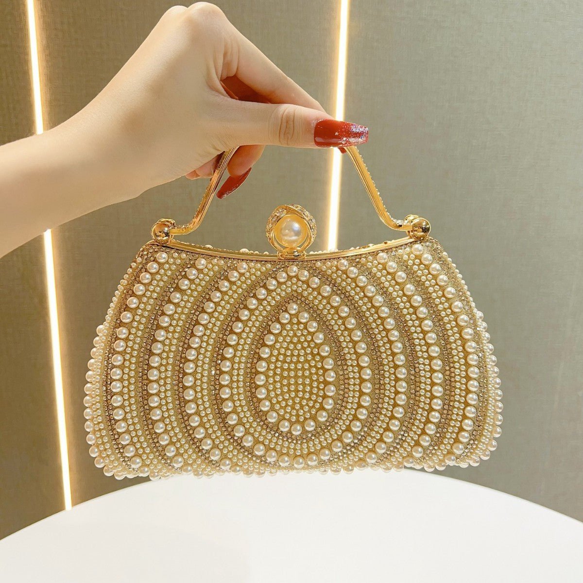 Gold - Framed Diamond Accent Pearl - Encrusted Dinner Bag with Chain Strap. (MAC249) - Mariam's Collection