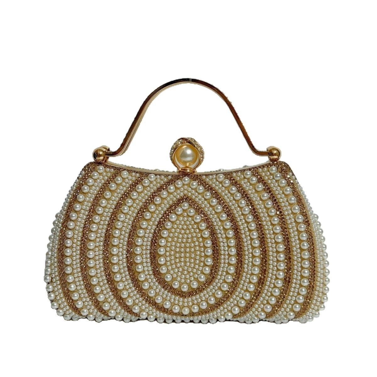 Gold - Framed Diamond Accent Pearl - Encrusted Dinner Bag with Chain Strap. (MAC249) - Mariam's Collection