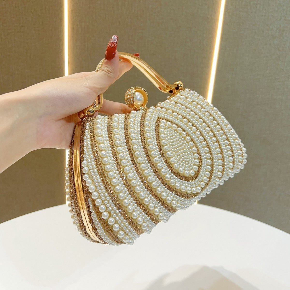 Gold - Framed Diamond Accent Pearl - Encrusted Dinner Bag with Chain Strap. (MAC249) - Mariam's Collection