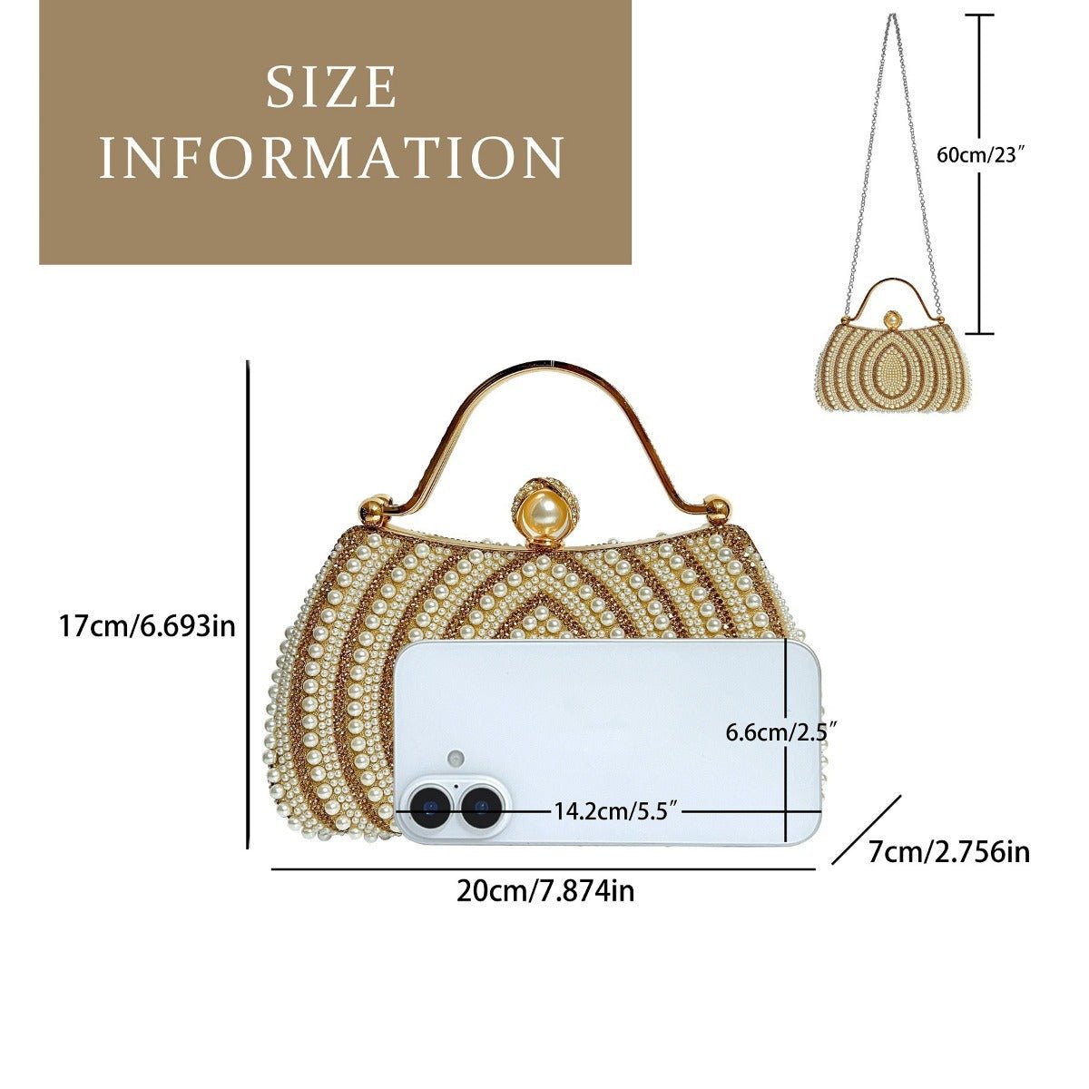 Gold - Framed Diamond Accent Pearl - Encrusted Dinner Bag with Chain Strap. (MAC249) - Mariam's Collection