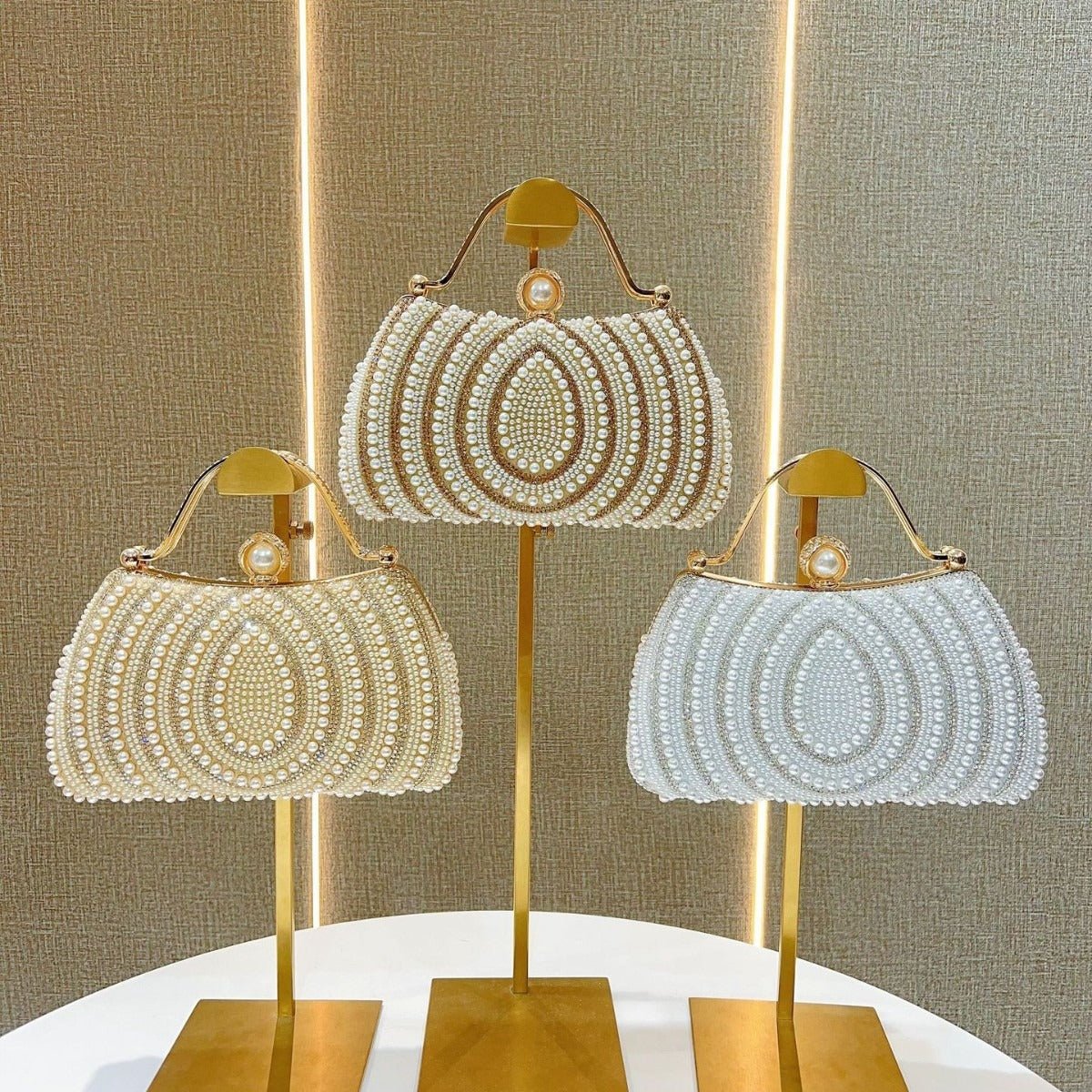 Gold - Framed Diamond Accent Pearl - Encrusted Dinner Bag with Chain Strap. (MAC249) - Mariam's Collection
