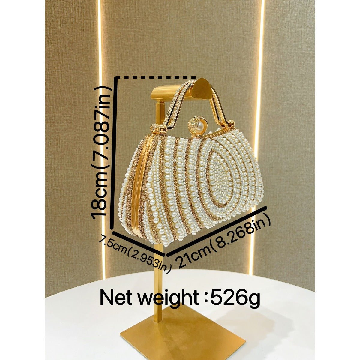 Gold - Framed Diamond Accent Pearl - Encrusted Dinner Bag with Chain Strap. (MAC249) - Mariam's Collection