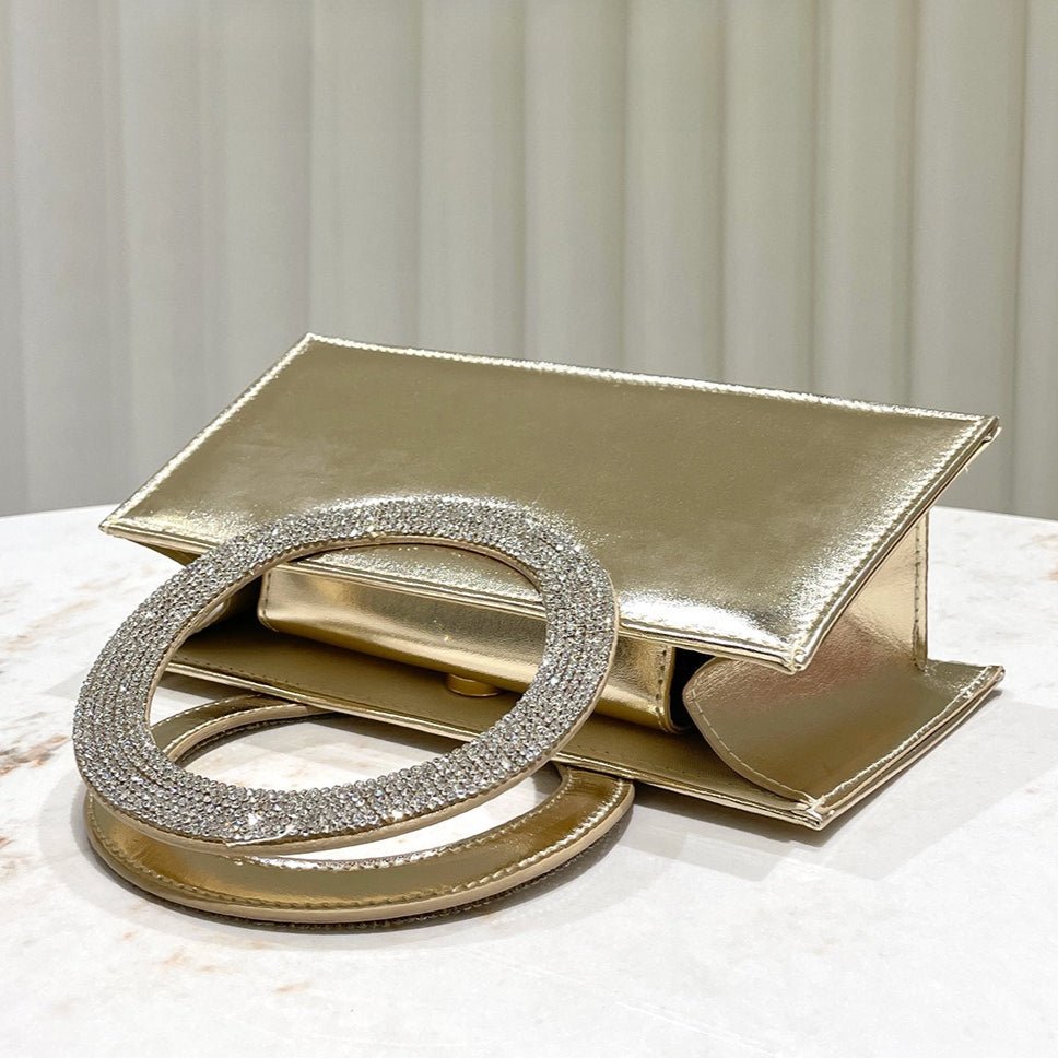 Gold Reflective Evening Clutch with Diamond - Studded Circular Handle (MAC294) - Mariam's Collection