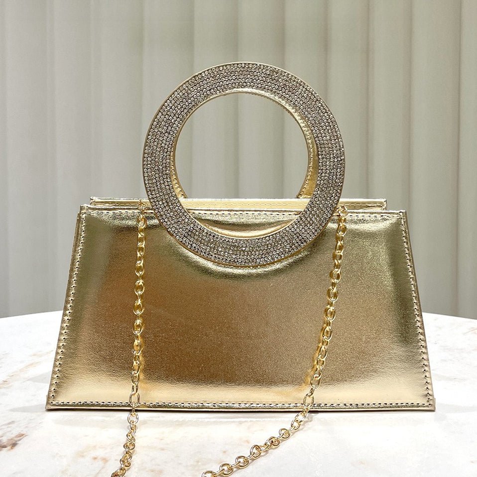 Gold Reflective Evening Clutch with Diamond - Studded Circular Handle (MAC294) - Mariam's Collection