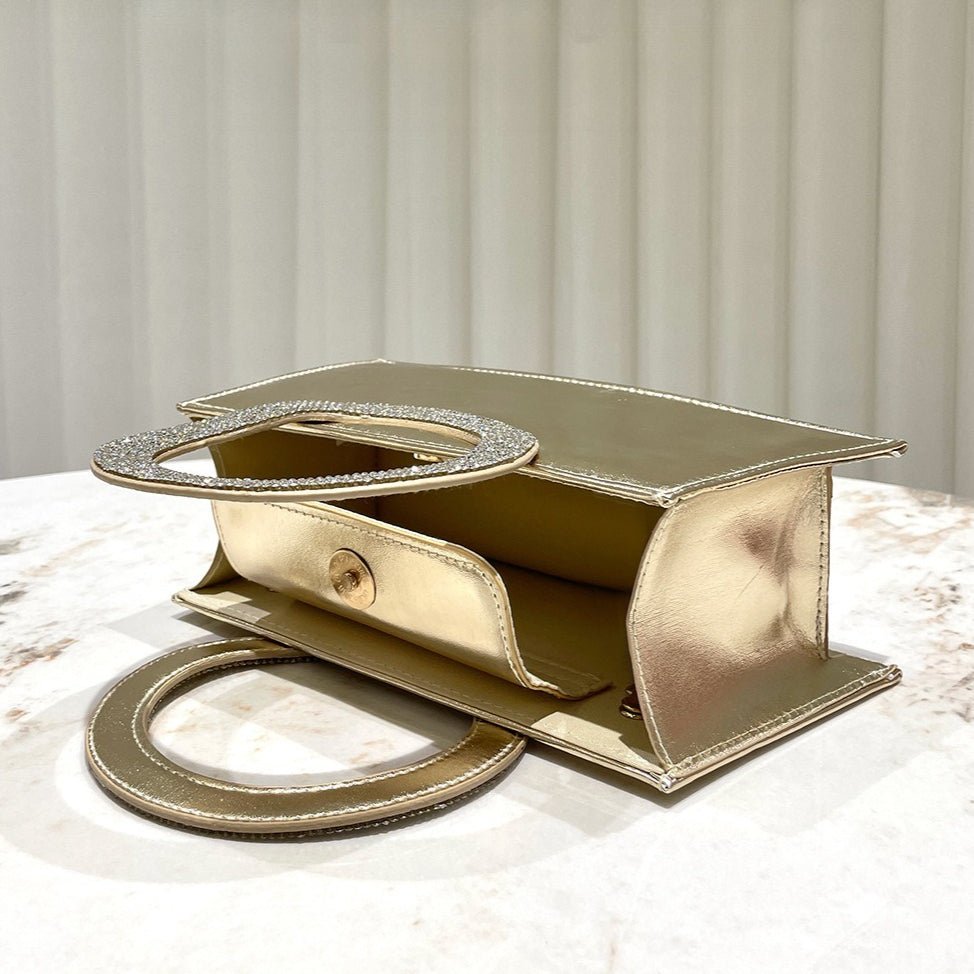 Gold Reflective Evening Clutch with Diamond - Studded Circular Handle (MAC294) - Mariam's Collection