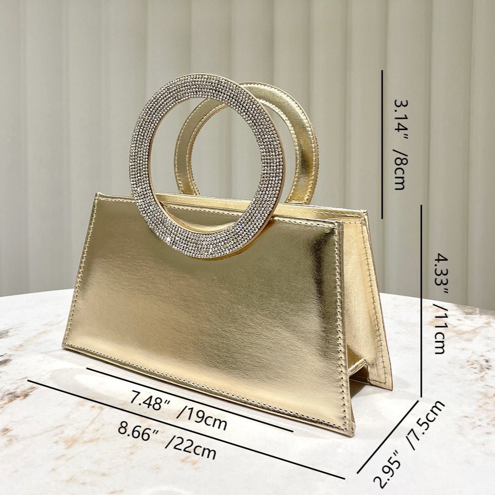 Gold Reflective Evening Clutch with Diamond - Studded Circular Handle (MAC294) - Mariam's Collection