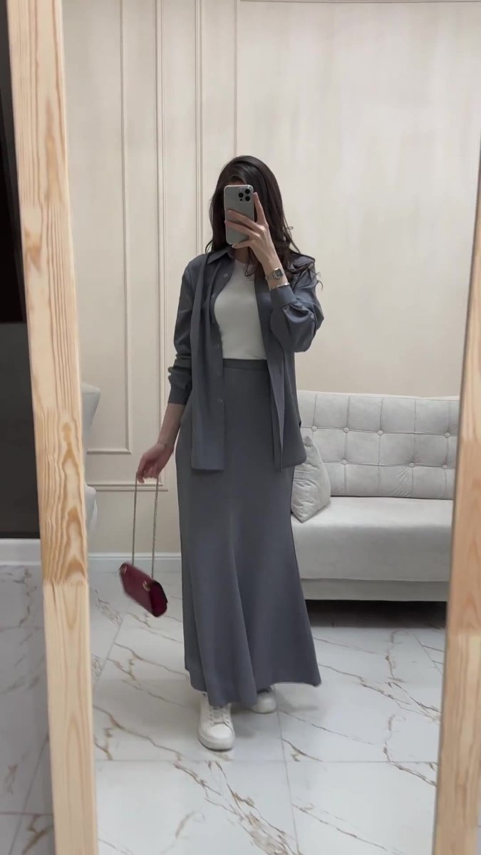 Grey Loose Long Sleeve Shirt & Elastic Waist Fish Tail Skirt Outfit Casual Two - Piece Set.(MA207) - Mariam's Collection