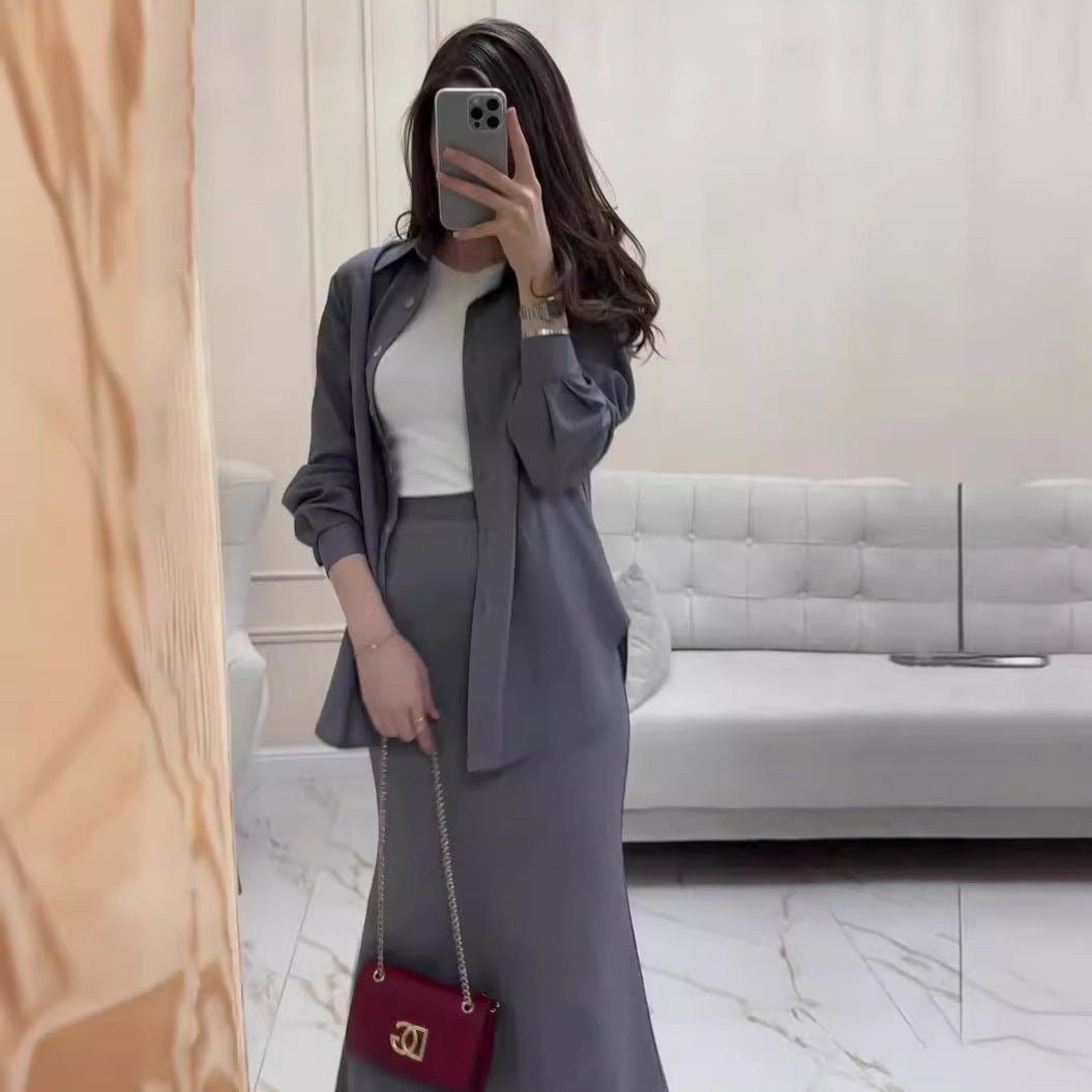 Grey Loose Long Sleeve Shirt & Elastic Waist Fish Tail Skirt Outfit Casual Two - Piece Set.(MA207) - Mariam's Collection