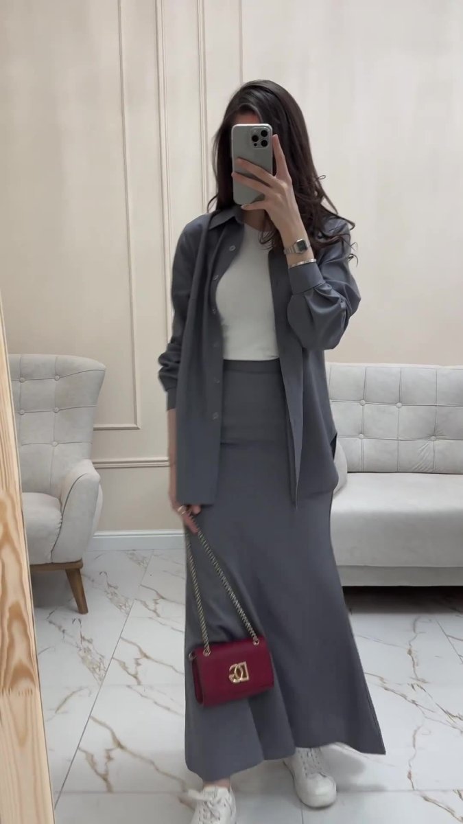 Grey Loose Long Sleeve Shirt & Elastic Waist Fish Tail Skirt Outfit Casual Two - Piece Set.(MA207) - Mariam's Collection