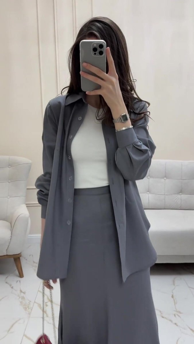 Grey Loose Long Sleeve Shirt & Elastic Waist Fish Tail Skirt Outfit Casual Two - Piece Set.(MA207) - Mariam's Collection