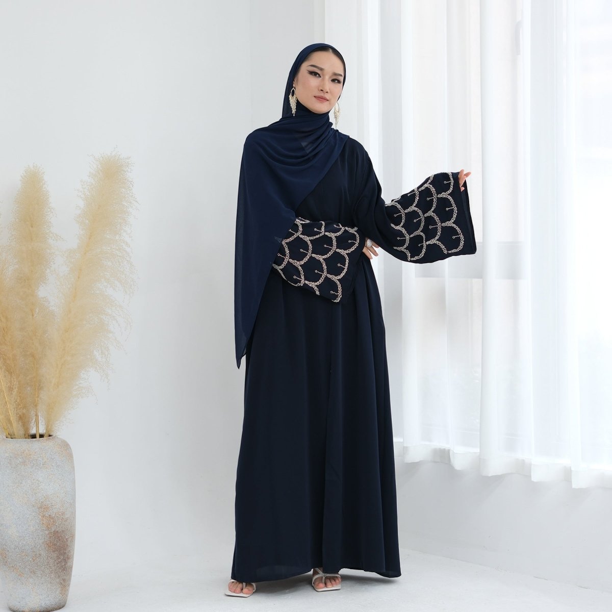 Hand - Beaded Abaya with Hijab | Scallop Pattern Embellished Cardigan (MOA249) - Mariam's Collection