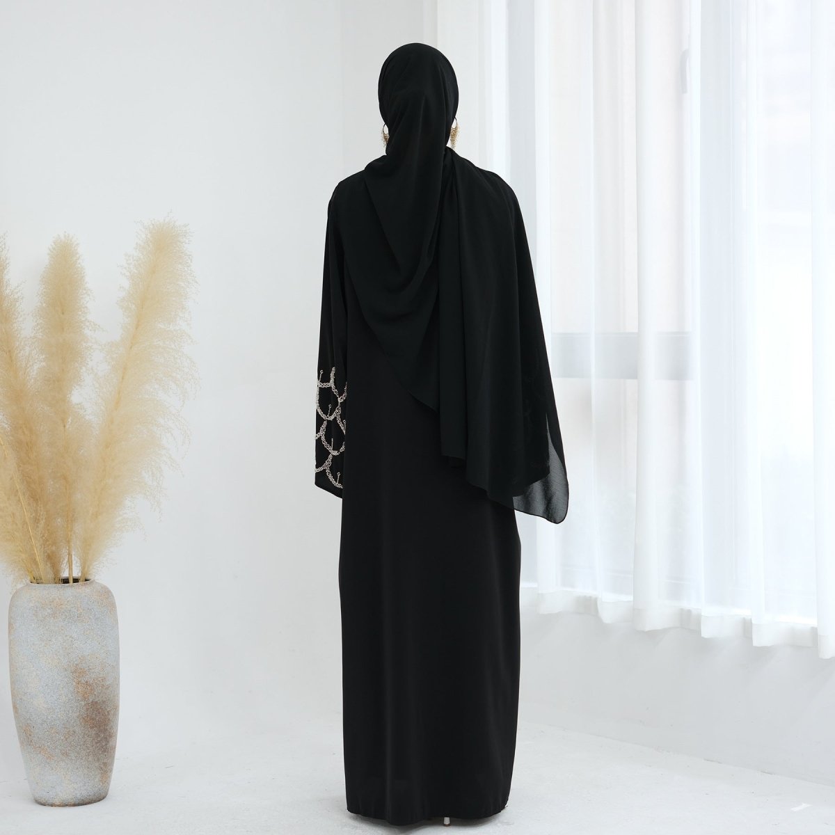 Hand - Beaded Abaya with Hijab | Scallop Pattern Embellished Cardigan (MOA249) - Mariam's Collection