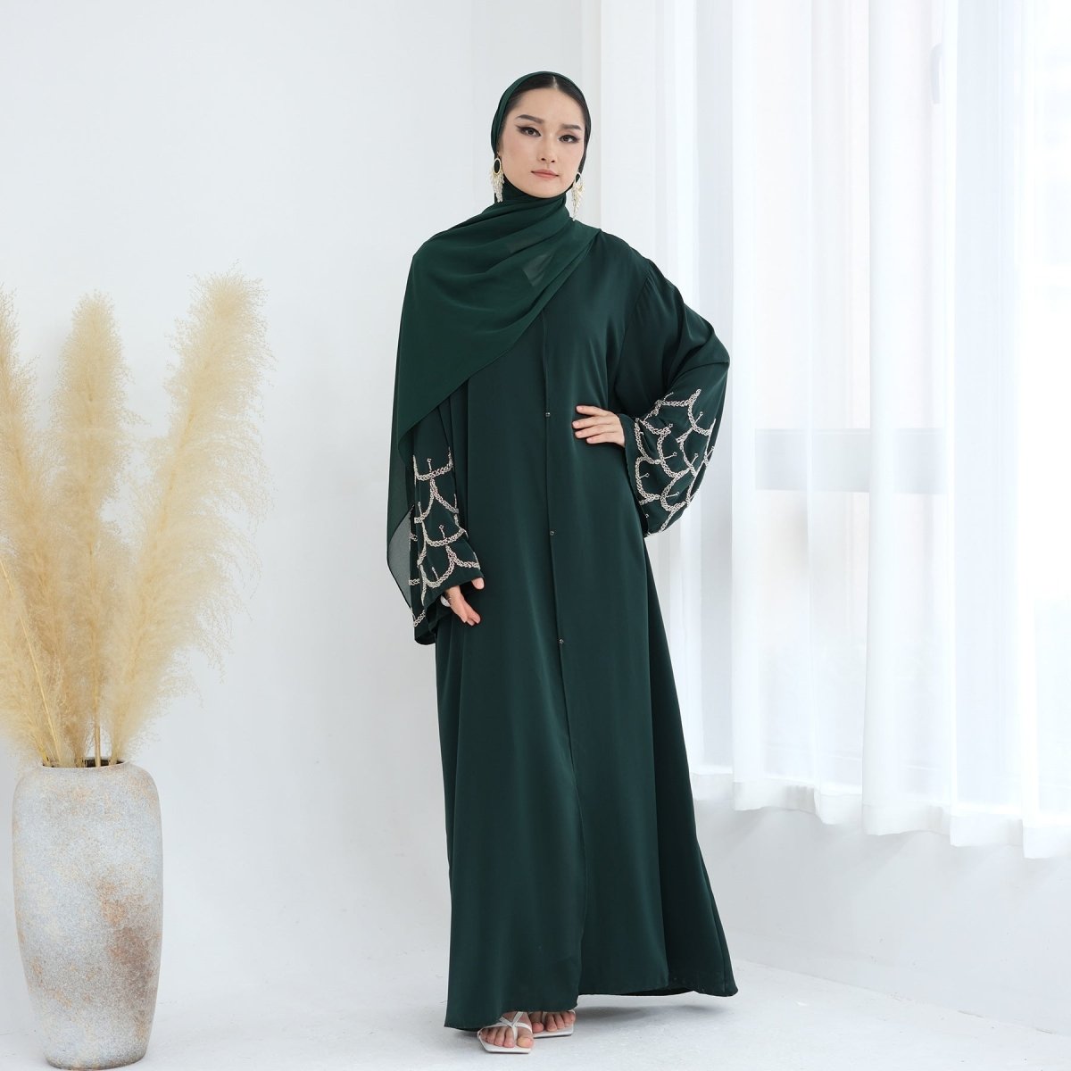 Hand - Beaded Abaya with Hijab | Scallop Pattern Embellished Cardigan (MOA249) - Mariam's Collection