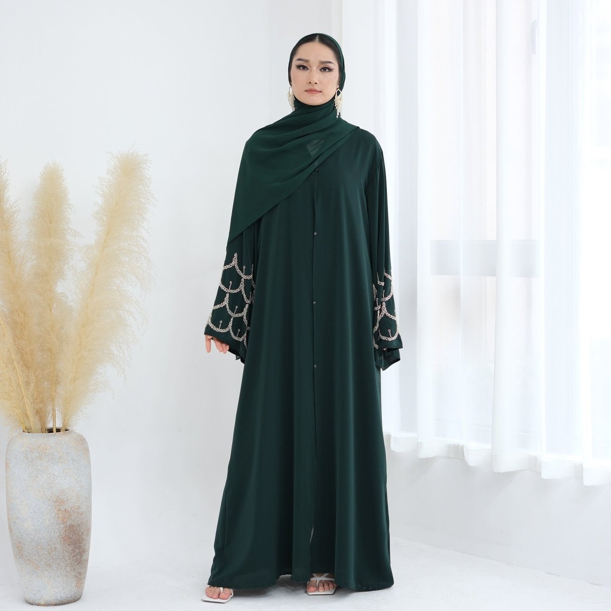 Hand - Beaded Abaya with Hijab | Scallop Pattern Embellished Cardigan (MOA249) - Mariam's Collection