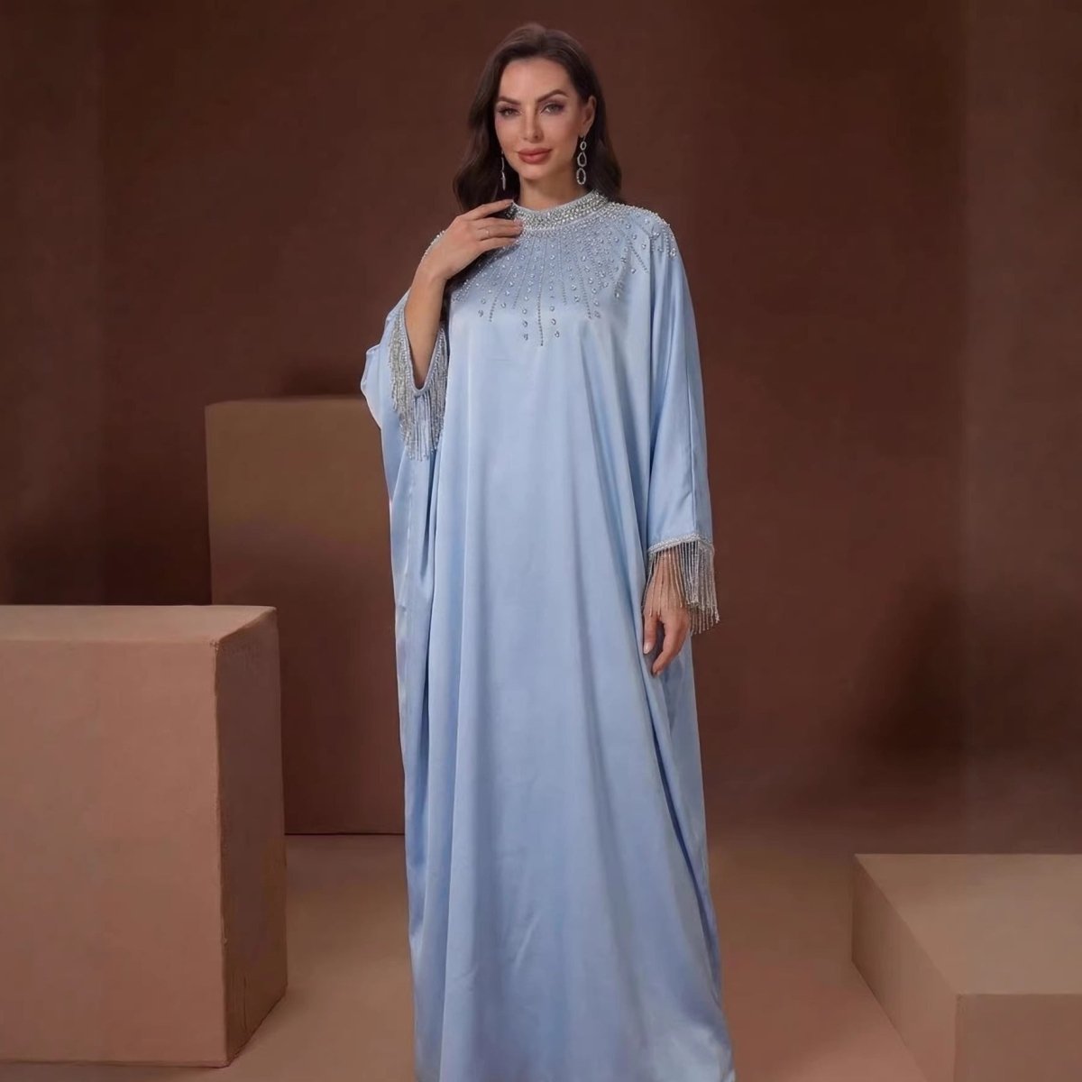 Hand-Beaded Crystal Bodice Satin Kaftan — Luxury Modest Kaftan