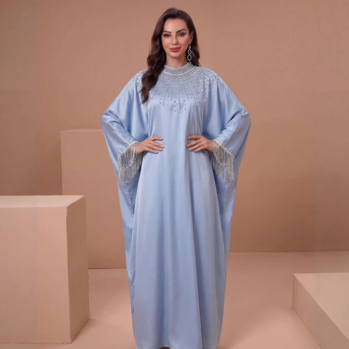 satin kaftan dress Hand-Beaded Crystal Bodice Satin Kaftan — Luxury Modest Kaftan
