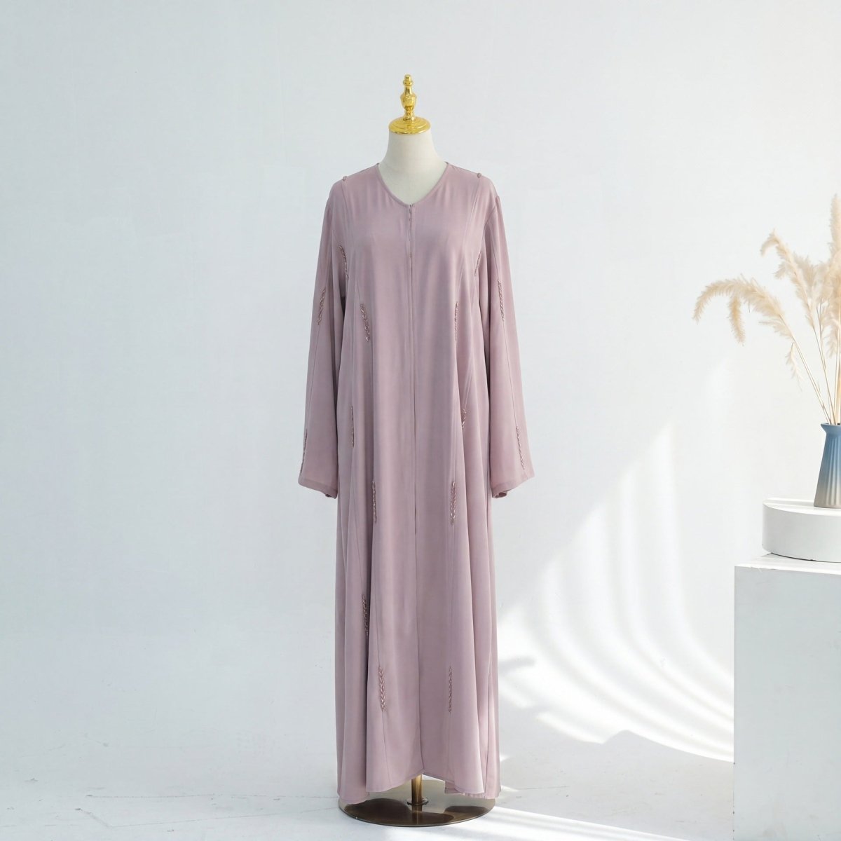 Hand-Beaded Linen Open Abaya(MOA320) - Mariam's Collection