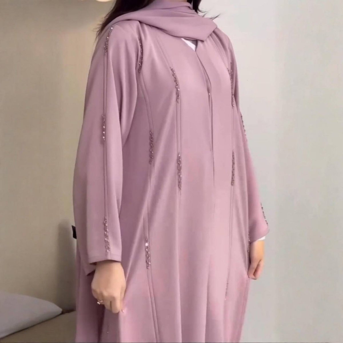 Hand-Beaded Linen Open Abaya(MOA320) - Mariam's Collection