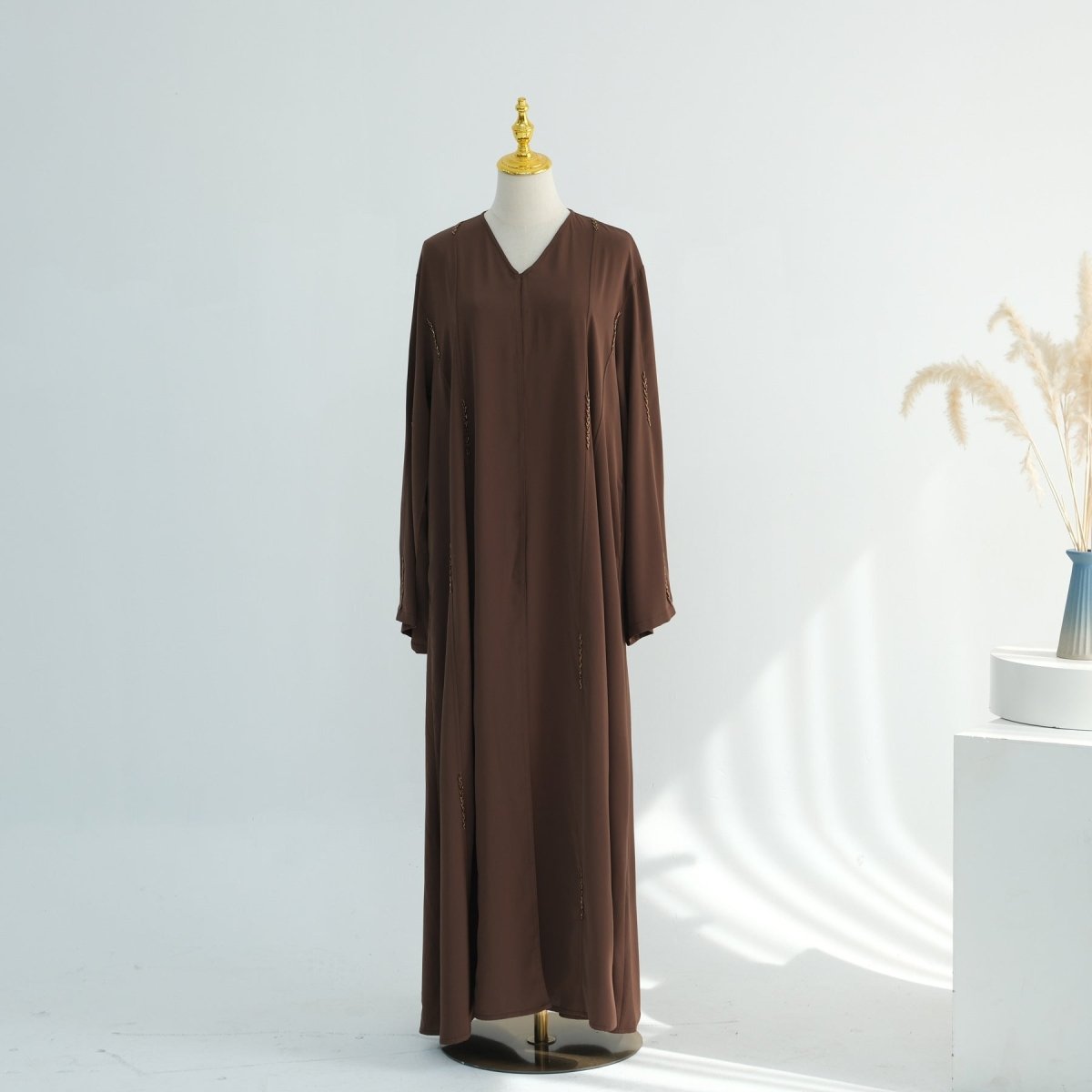 Hand-Beaded Linen Open Abaya(MOA320) - Mariam's Collection