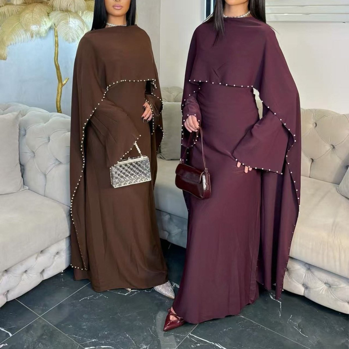 Hand-Beaded Pearl Cape Sleeve Nida Maxi Dress(MS439) - Mariam's Collection