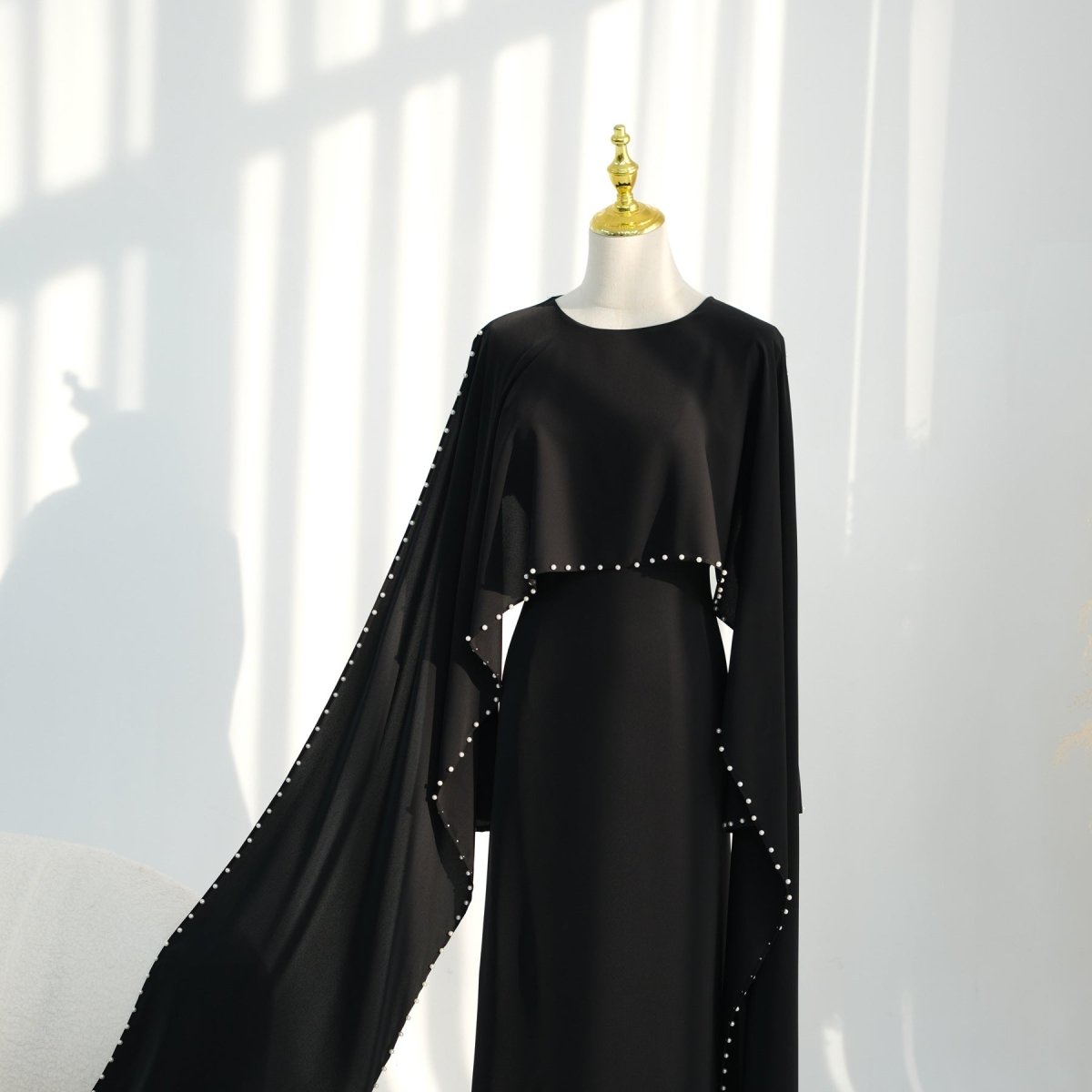 Hand-Beaded Pearl Cape Sleeve Nida Maxi Dress(MS439) - Mariam's Collection