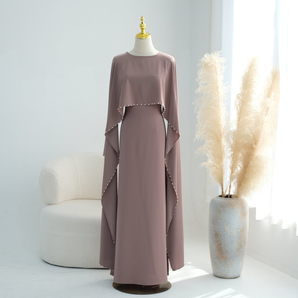 Hand-Beaded Pearl Cape Sleeve Nida Maxi Dress(MS439) - Mariam's Collection