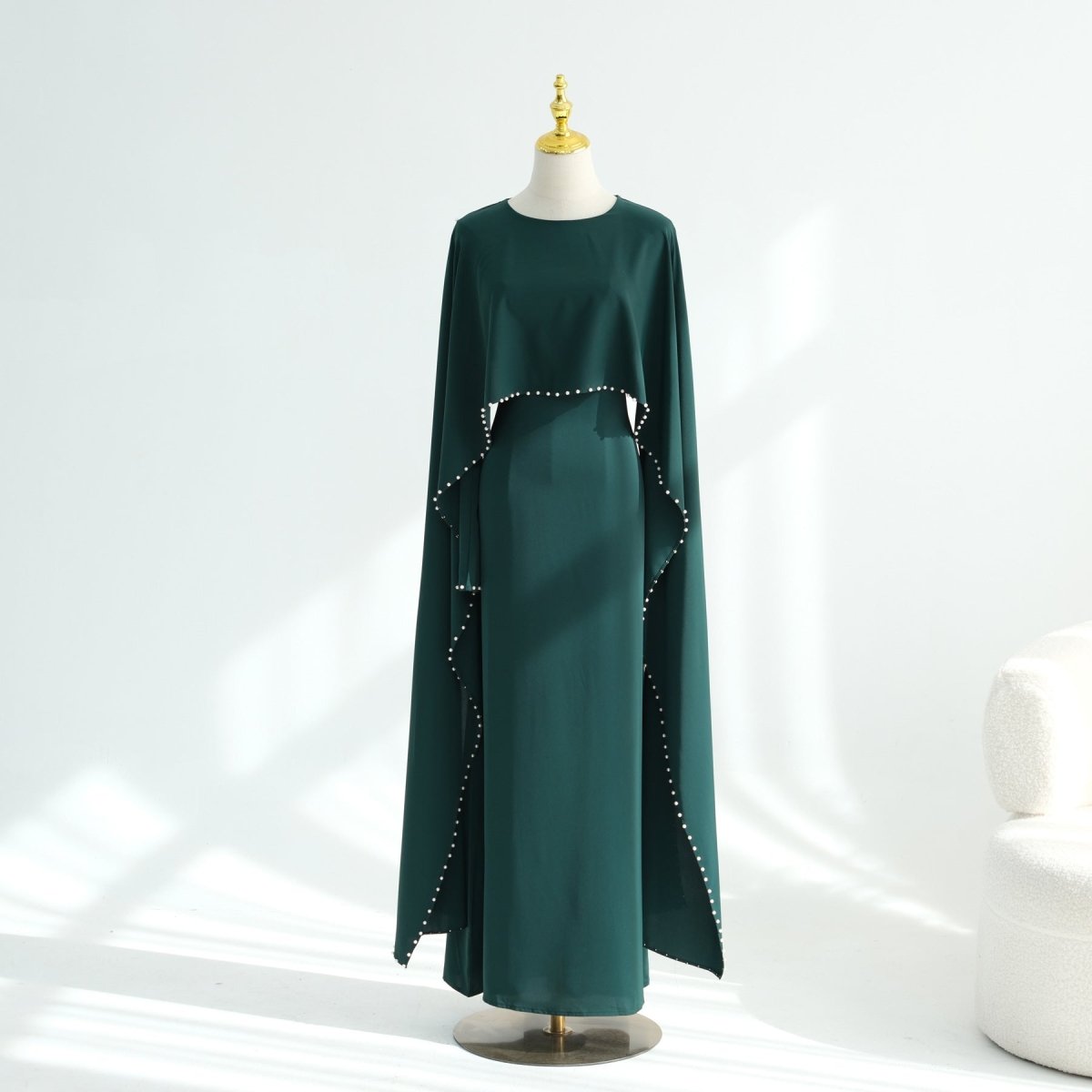 Hand-Beaded Pearl Cape Sleeve Nida Maxi Dress(MS439) - Mariam's Collection