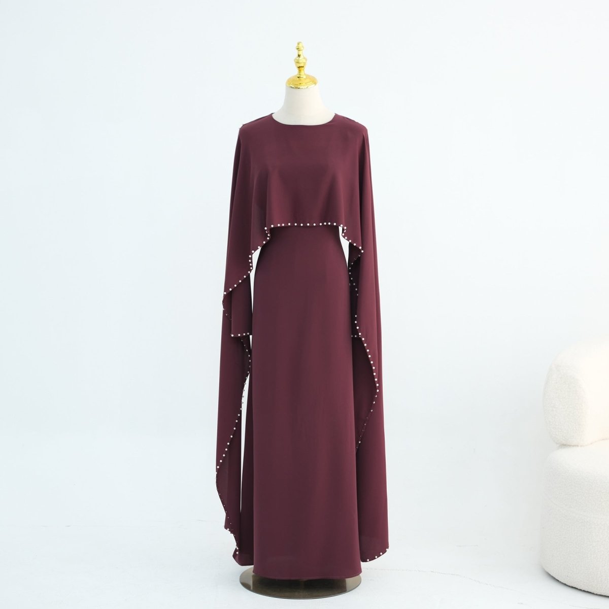 Hand-Beaded Pearl Cape Sleeve Nida Maxi Dress(MS439) - Mariam's Collection