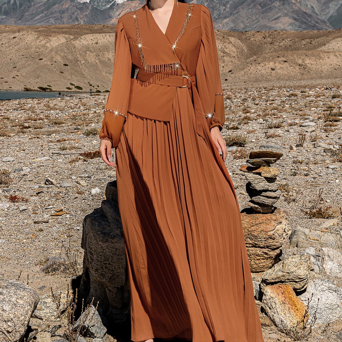 Hand - Beaded V - Neck Pleated Maxi Dress | Bubble Sleeve Crystal Embellished Gown(MS212) - Mariam's Collection