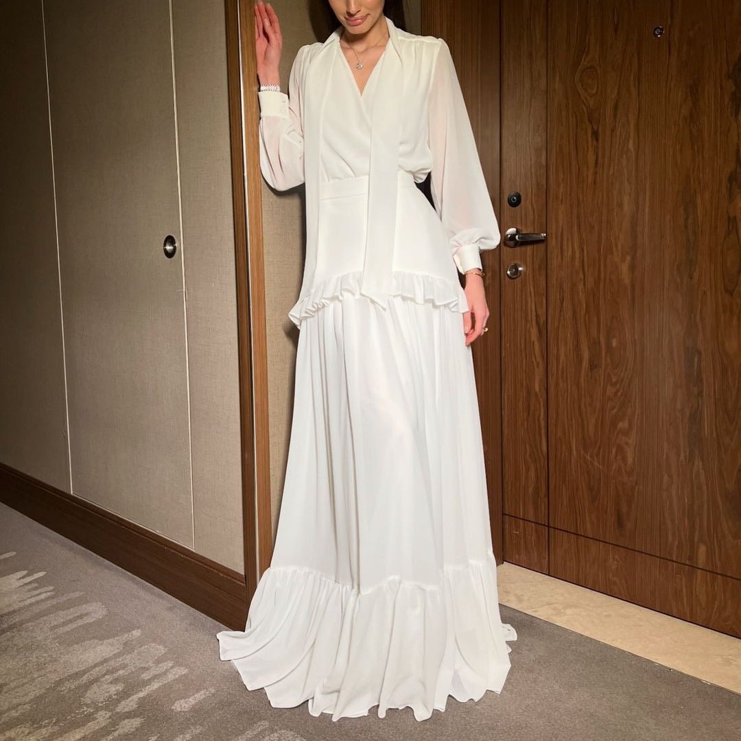 hiffon V - Neck Blouse & Pleated Skirt Set(MS373) - Mariam's Collection