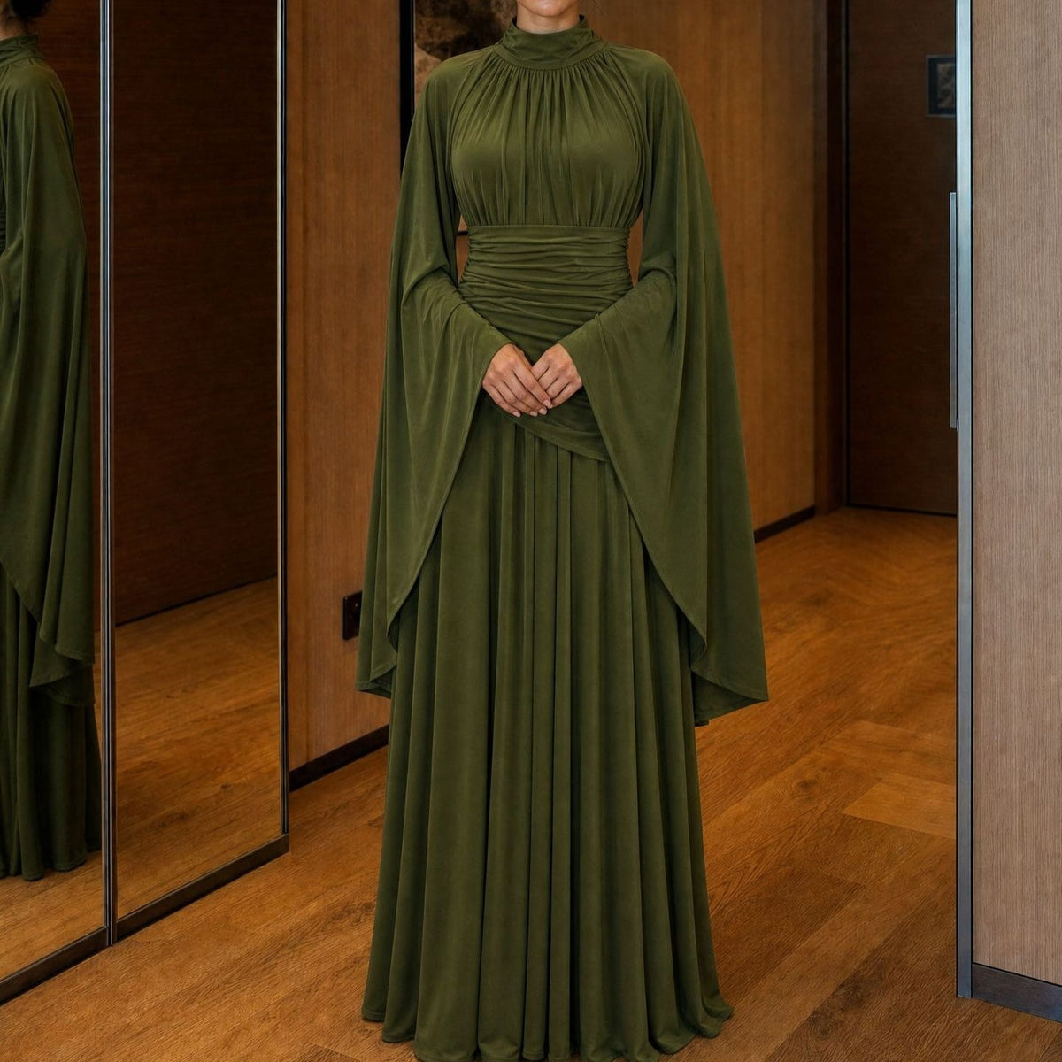 High-Neck Ruched Waist Modest Maxi Dress(MS538) - Mariam's Collection