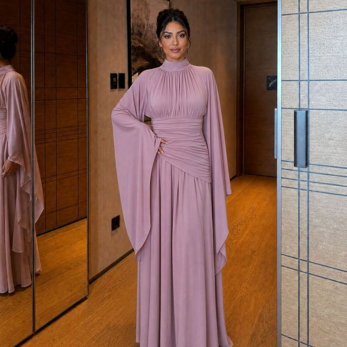 High-Neck Ruched Waist Modest Maxi Dress(MS538) - Mariam's Collection