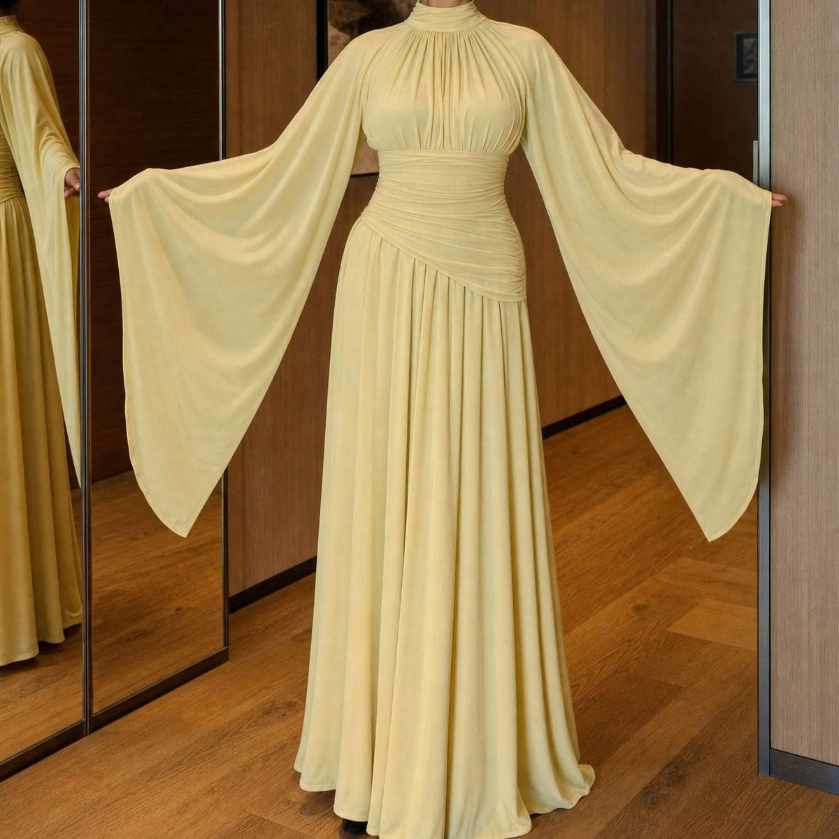 High-Neck Ruched Waist Modest Maxi Dress(MS538) - Mariam's Collection