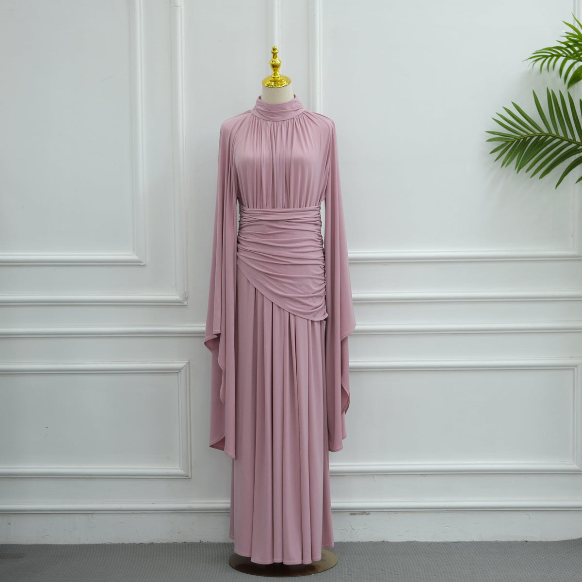 High-Neck Ruched Waist Modest Maxi Dress(MS538) - Mariam's Collection