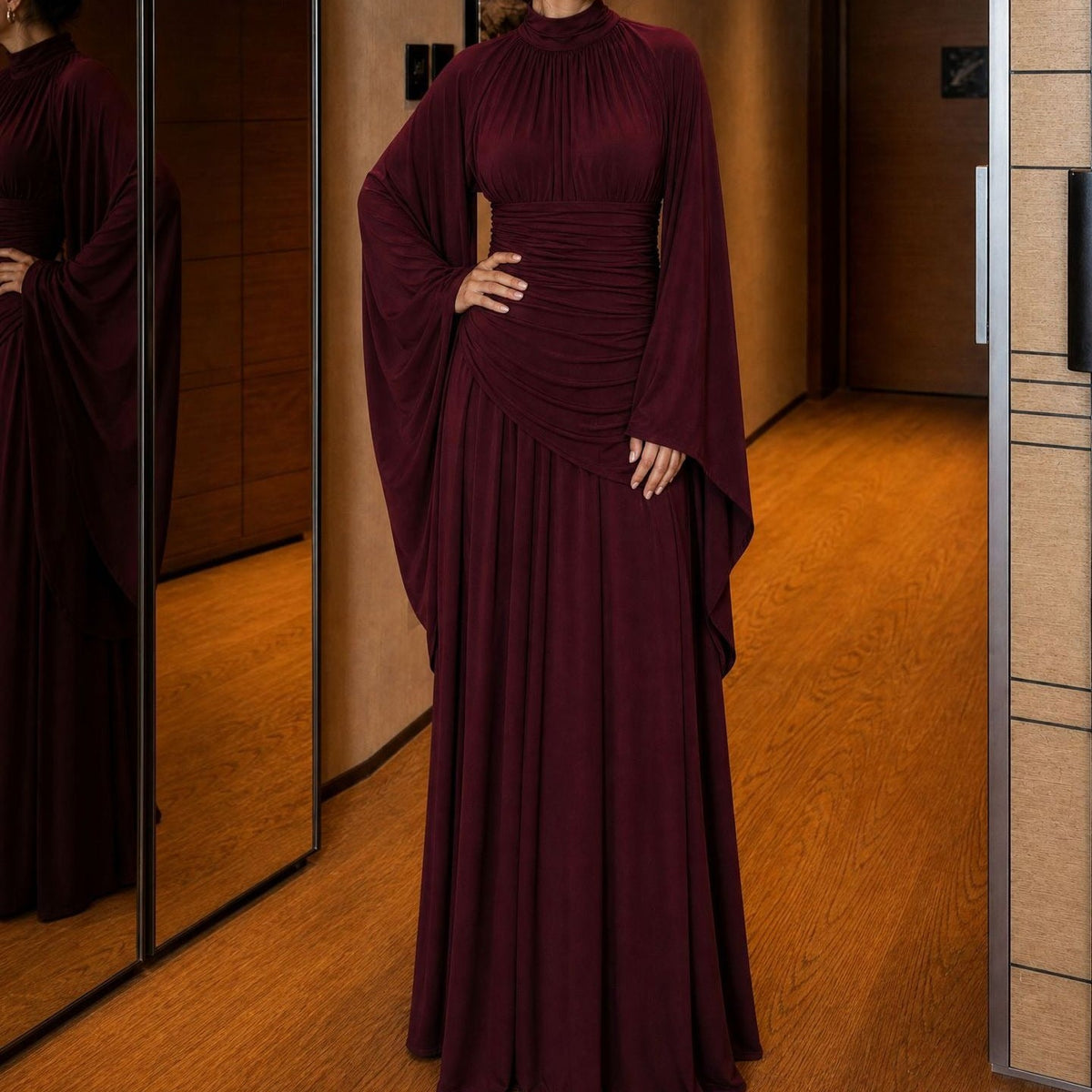 High-Neck Ruched Waist Modest Maxi Dress(MS538) - Mariam's Collection