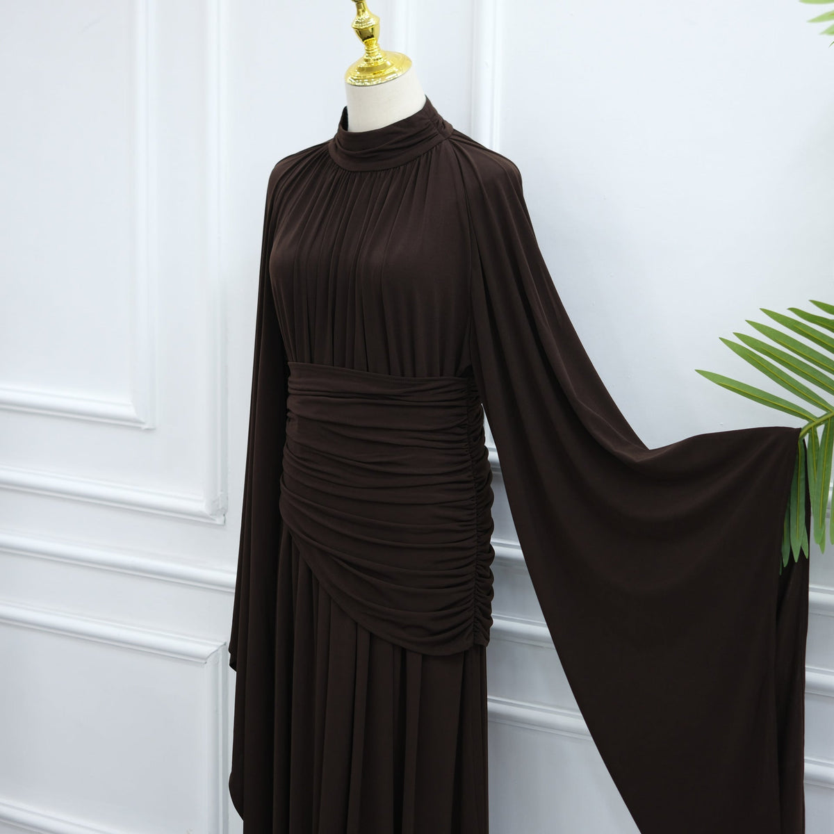 High-Neck Ruched Waist Modest Maxi Dress(MS538) - Mariam's Collection