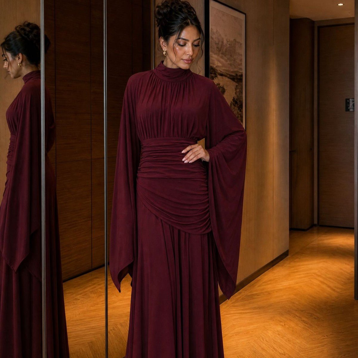 High-Neck Ruched Waist Modest Maxi Dress(MS538) - Mariam's Collection