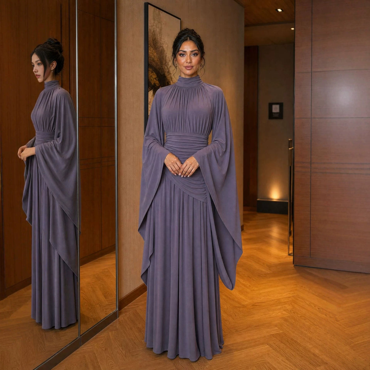 High-Neck Ruched Waist Modest Maxi Dress(MS538) - Mariam's Collection