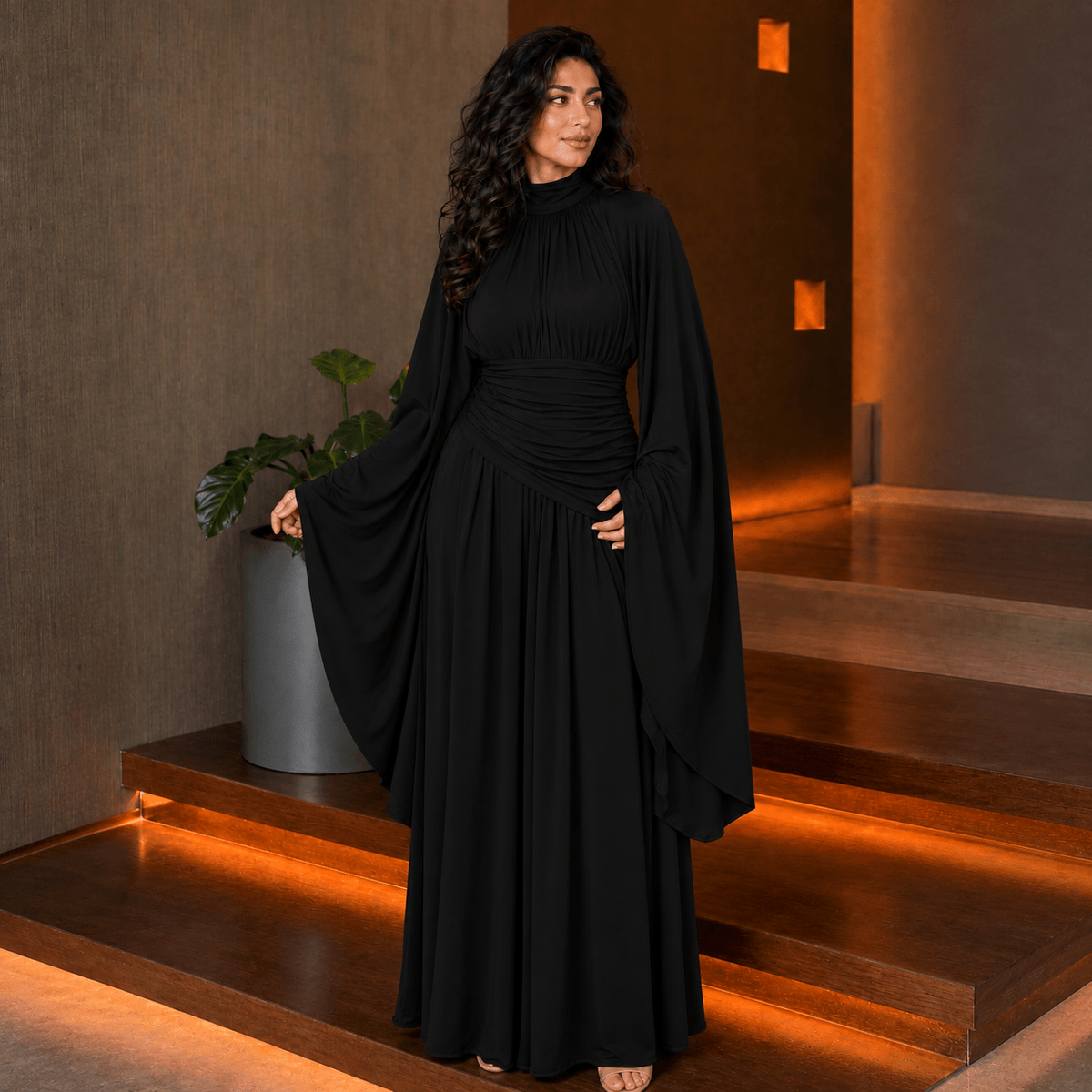 High-Neck Ruched Waist Modest Maxi Dress(MS538) - Mariam's Collection
