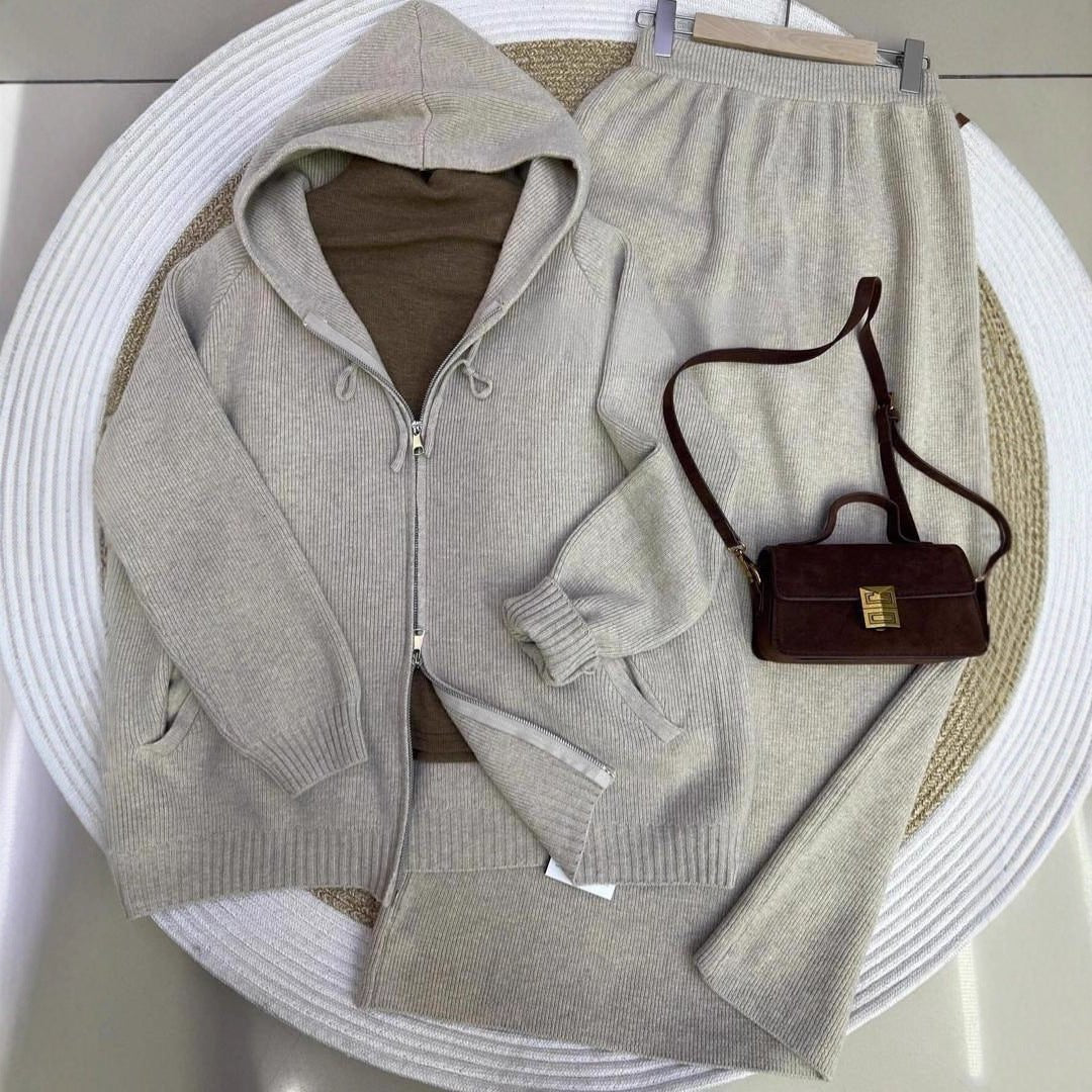 Hooded Knit Cardigan & Straight Maxi Skirt Set(MS544) - Mariam's Collection