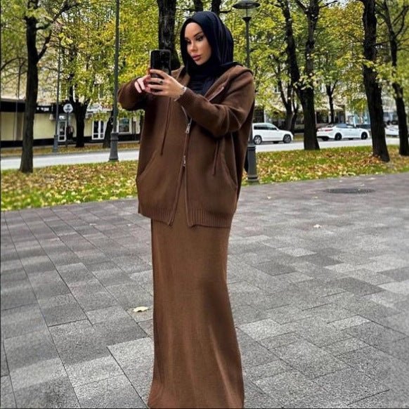 Hooded Knit Cardigan & Straight Maxi Skirt Set(MS544) - Mariam's Collection
