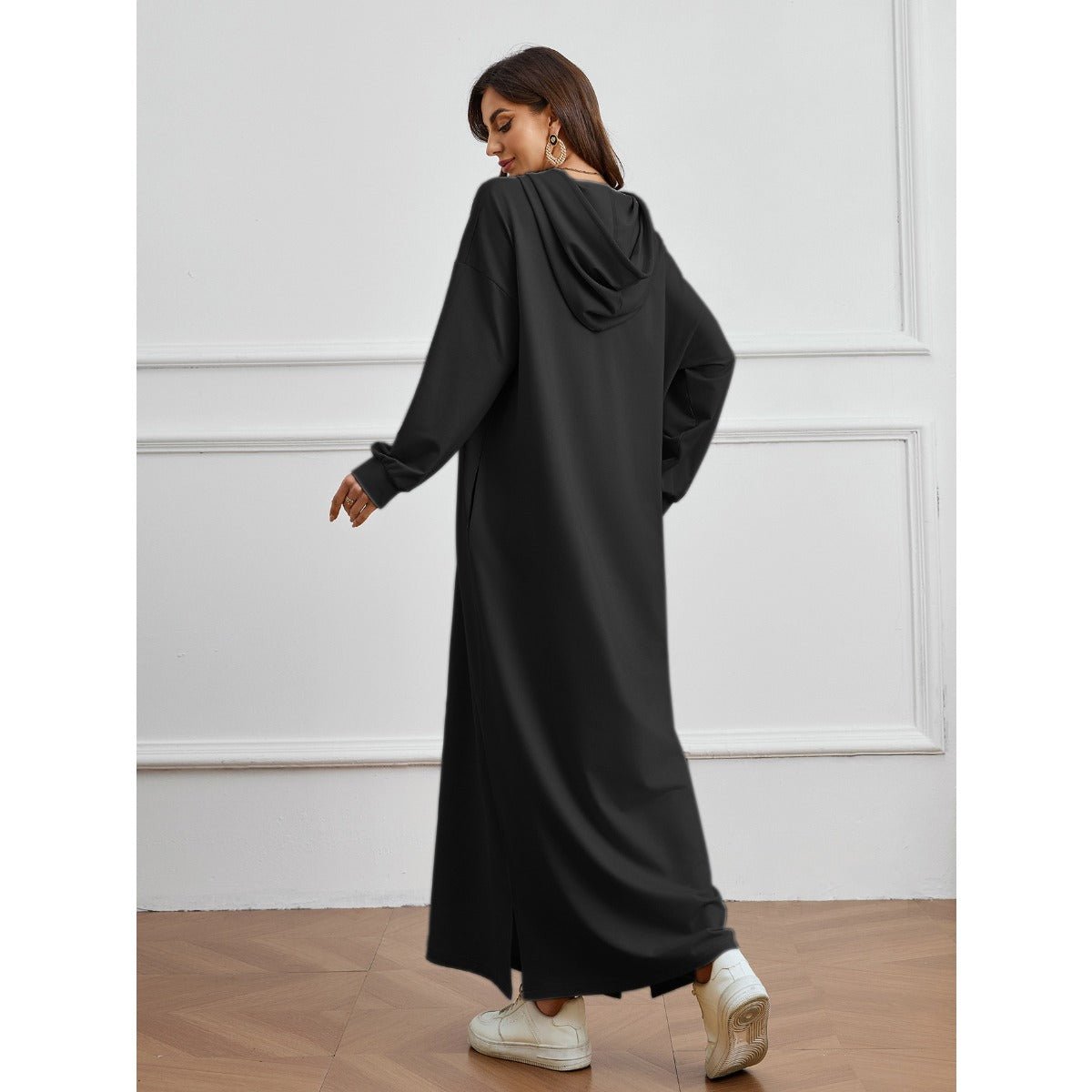 Hooded Pocket Casual Solid Color Dress Robe - Modest Long Sleeve Lounge Dress with Drawstring Hood(MA282) - Mariam's Collection