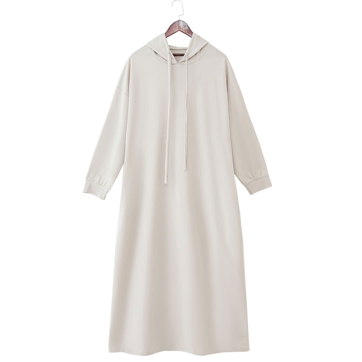 Hooded Pocket Casual Solid Color Dress Robe - Modest Long Sleeve Lounge Dress with Drawstring Hood(MA282) - Mariam's Collection