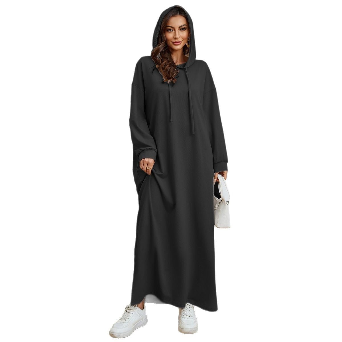 Hooded Pocket Casual Solid Color Dress Robe - Modest Long Sleeve Lounge Dress with Drawstring Hood(MA282) - Mariam's Collection