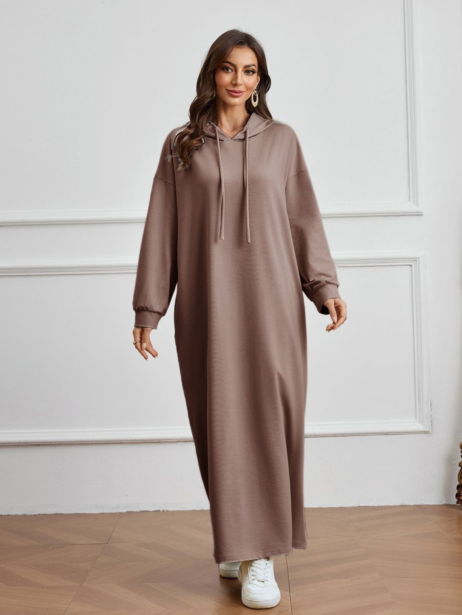 Hooded Pocket Casual Solid Color Dress Robe - Modest Long Sleeve Lounge Dress with Drawstring Hood(MA282) - Mariam's Collection