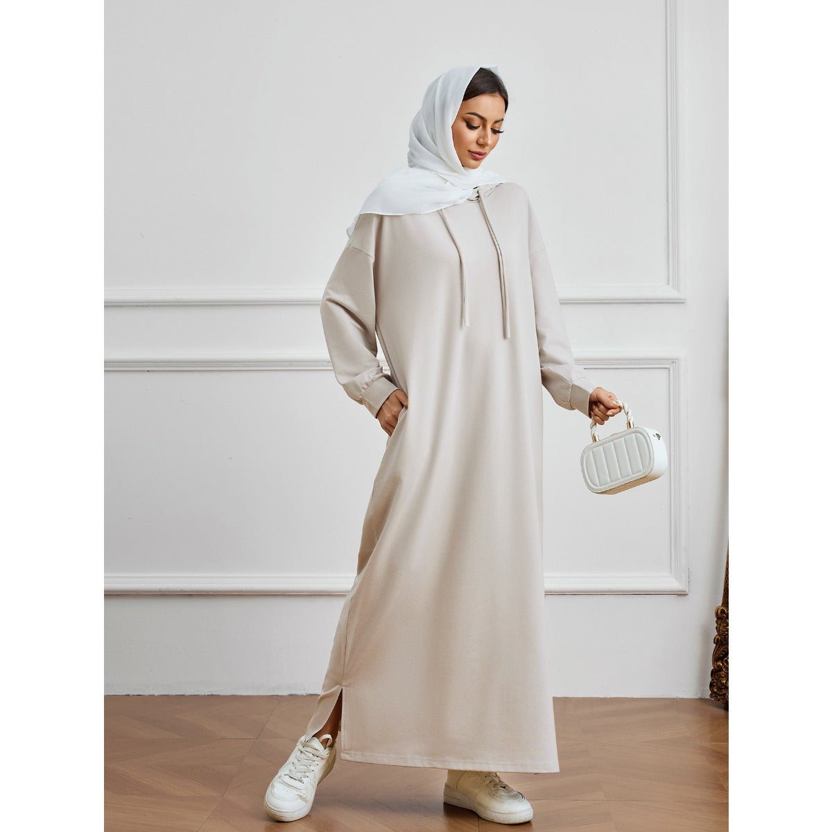 Hooded Pocket Casual Solid Color Dress Robe - Modest Long Sleeve Lounge Dress with Drawstring Hood(MA282) - Mariam's Collection