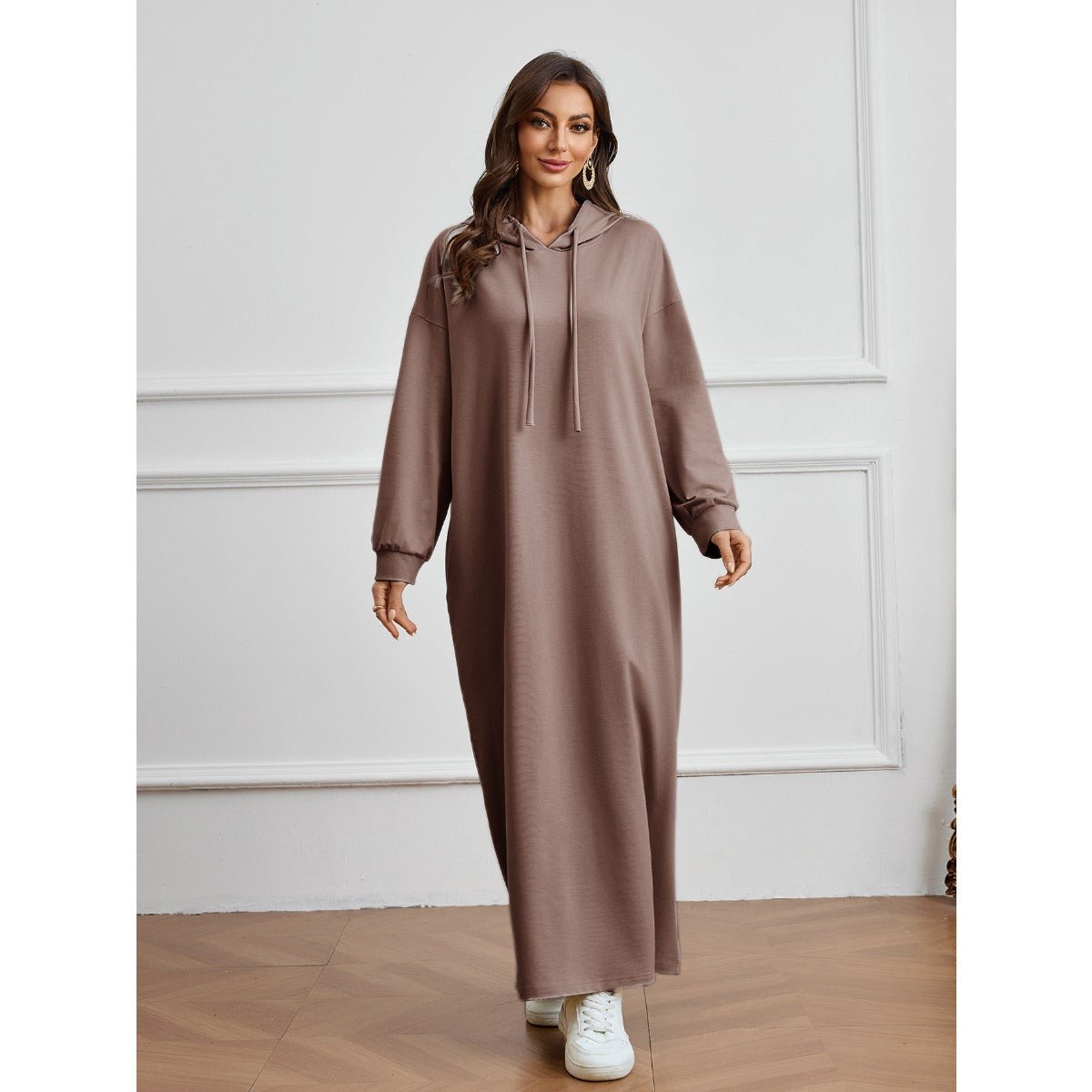Hooded Pocket Casual Solid Color Dress Robe - Modest Long Sleeve Lounge Dress with Drawstring Hood(MA282) - Mariam's Collection