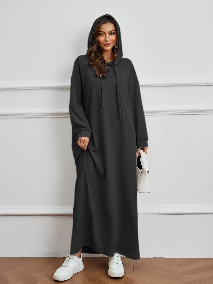Hooded Pocket Casual Solid Color Dress Robe - Modest Long Sleeve Lounge Dress with Drawstring Hood(MA282) - Mariam's Collection