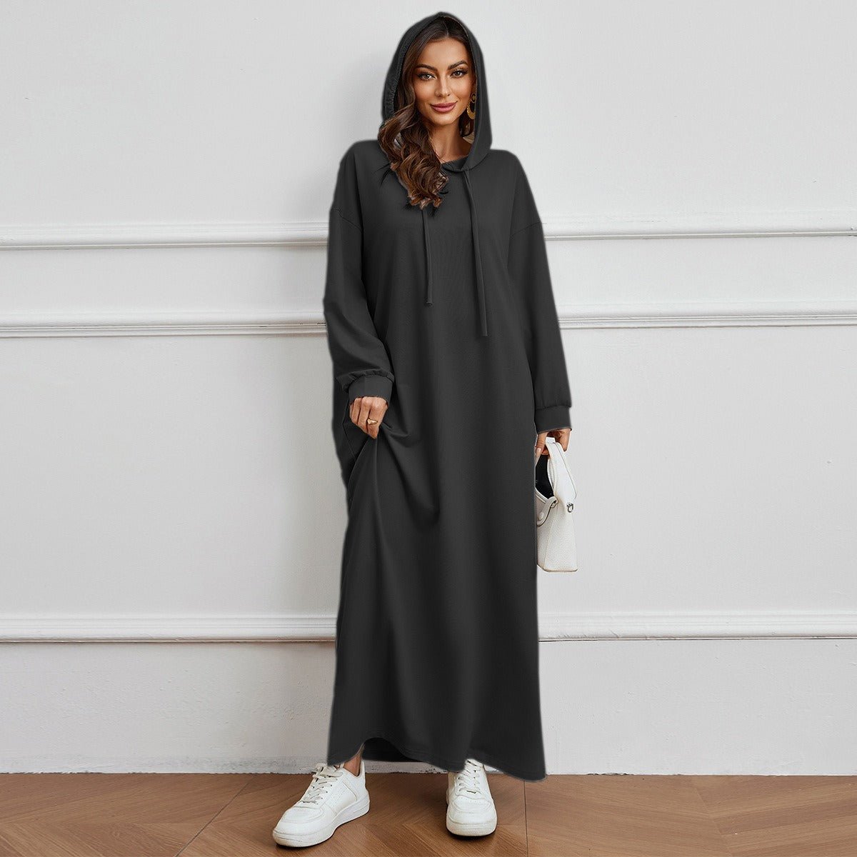 Hooded Pocket Casual Solid Color Dress Robe - Modest Long Sleeve Lounge Dress with Drawstring Hood(MA282) - Mariam's Collection