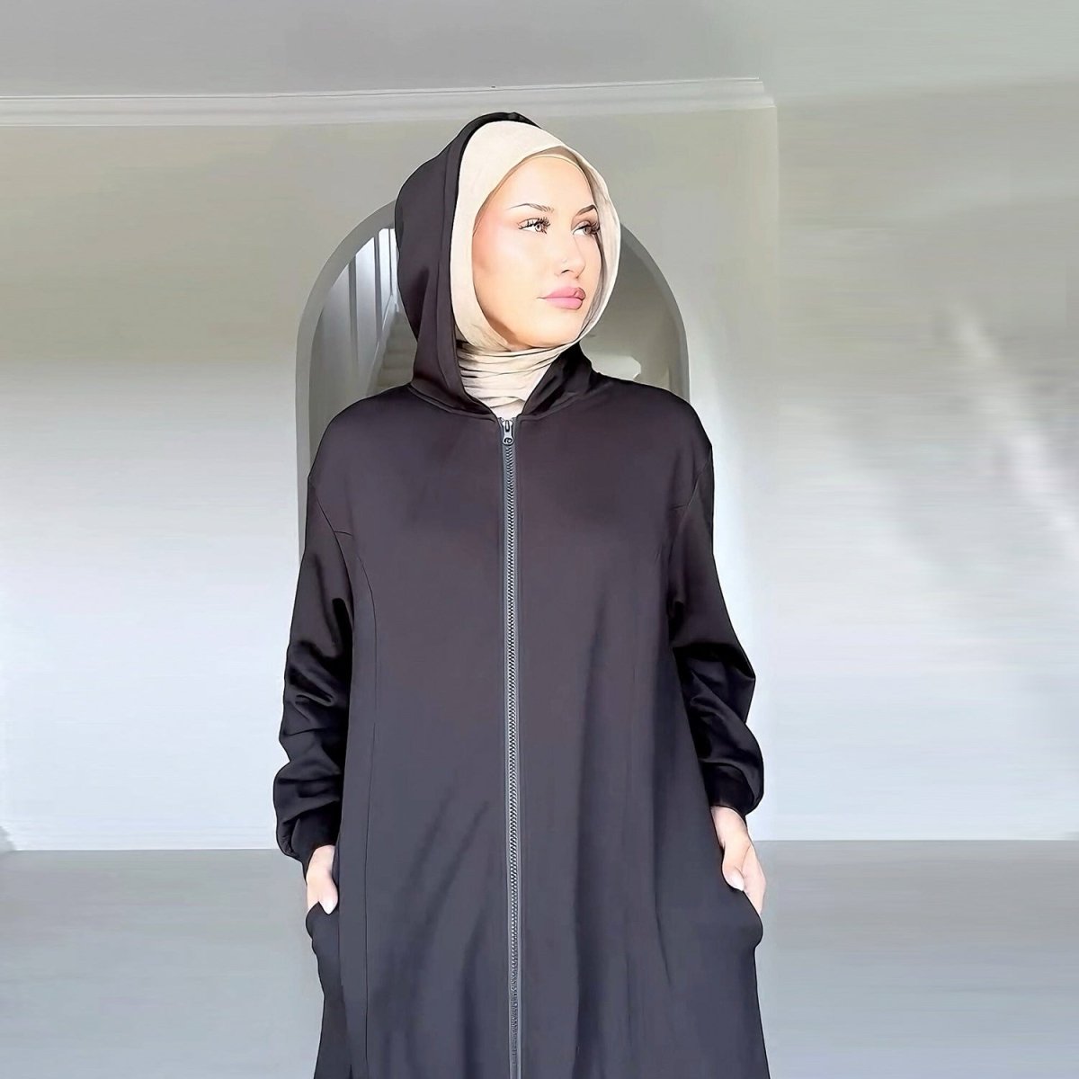 Hooded Zip - Front Abaya with Pockets(MA389) - Mariam's Collection